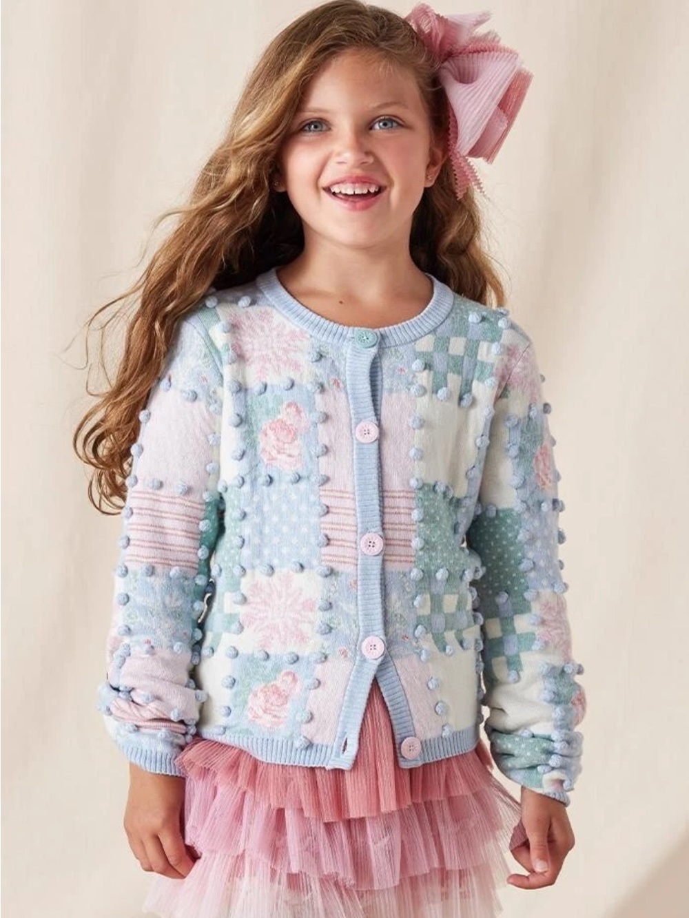 Matilda Jane Waltz of the Flowers Patchwork Cardigan Sweater Pastel Pom Pom Girl